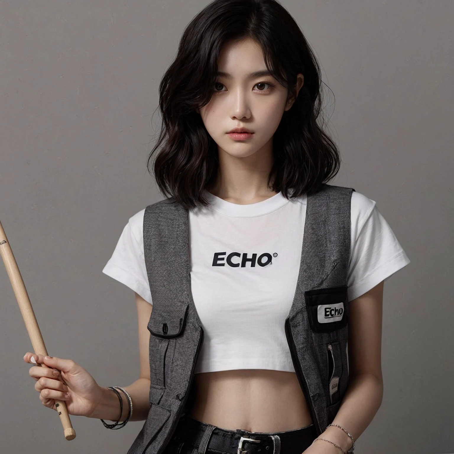 A 20-year-old Korean girl with medium-length black wavy bob hair, medium bust size, medium arm size, a perfect body, and an athletic build. She is wearing a plain white T-shirt with the word "ECHO" on it and a vest. With a serious expression, she looks at the camera while holding drumsticks in her left and right hands. Her arms are straight at her sides. The background is gray.