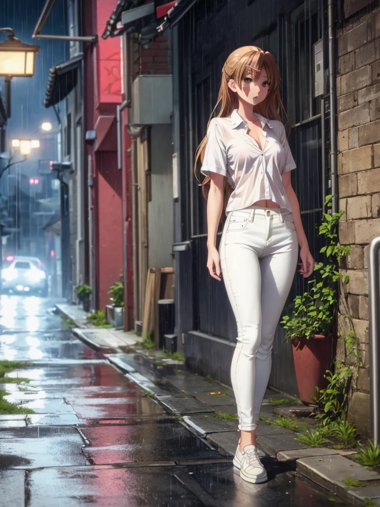 Girl, White jeans Low Rise , Blue Unbuttoned Blouse, You can see her breasts, street background, openlegs, night, Narrow alley between houses, night, rain, Sneakers, Bare chest, small breast, slim body