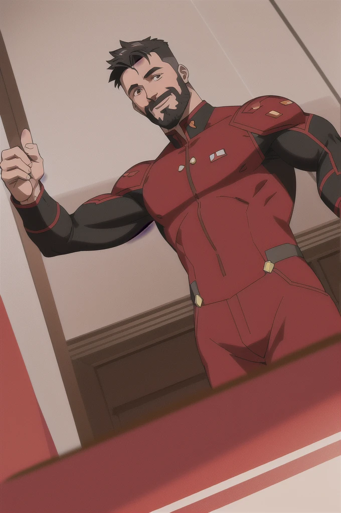 An award-winning original photo，A wild muscular man, (40 years old daddy:1.3), 1boy, Solo, muscled and mature, short haircut, (detailed face), smirks, solo, white skin, tall, hunk, wide shoulder, facial hair, black short hair,(wearing a black and red suit), elegant, high resolution:1.2, best quality, (devillish smile), (a male devil with (big red demon wings)), open arms out, Dynamic Angle, volumetric lighting, (Best quality, A high resolution, Photorealistic), Cinematic lighting, Masterpiece, RAW photo, Intricate details, hdr, depth of field, from below, upper body shot, close up