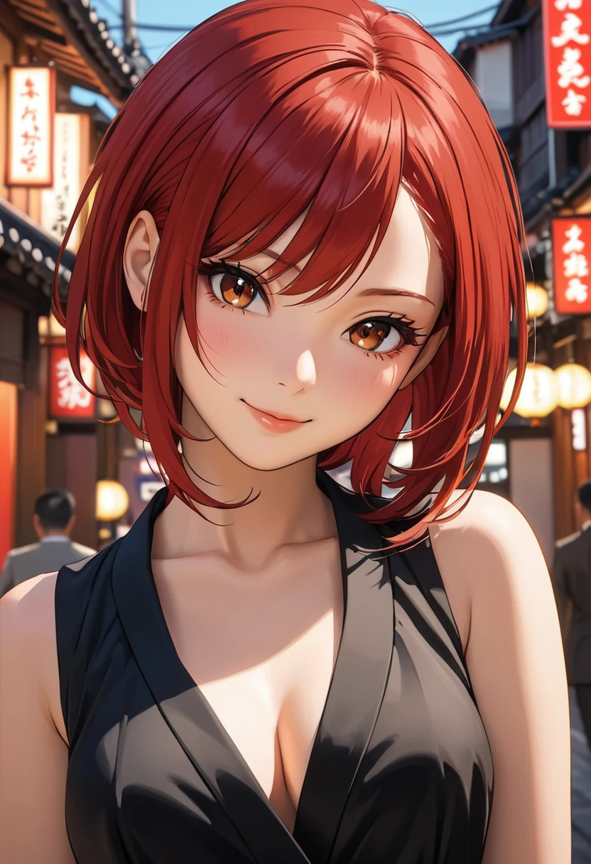 (masterpiece, best quality:1.2), 1girl, solo, cinematic view, portrait, red hair, cute smile, dynamic angle, black dress, yakuza girl