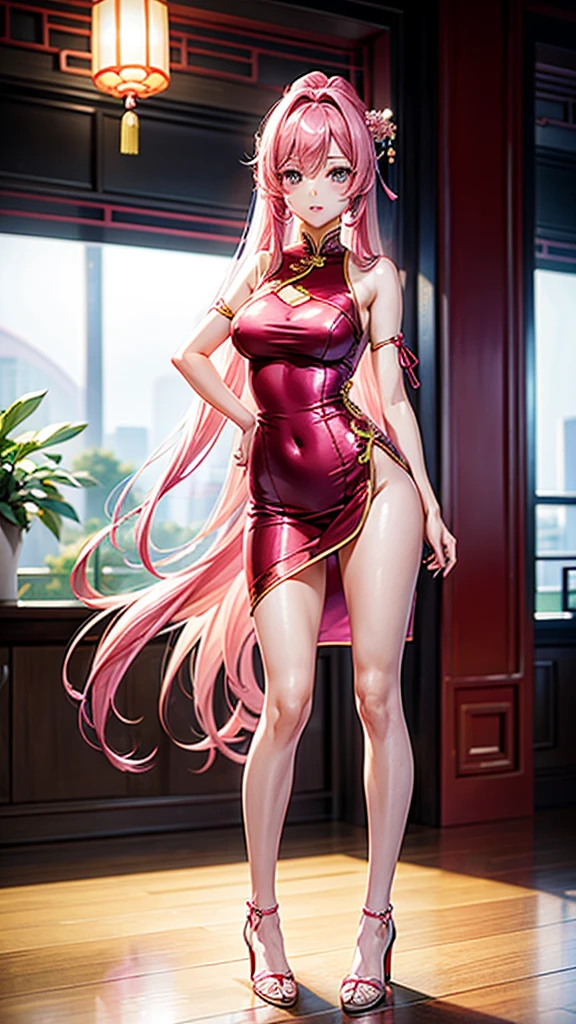 Sexy 21 year old woman、Mini Chinese Dress、Straight Hair、Shoulder-length hair、Pink Hair、Sexy Body、Beautiful Face、Beautiful body lines、Beautiful legs、high resolution、High resolution、Beautiful expression