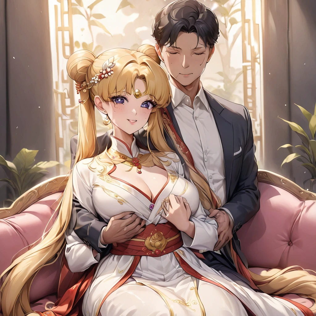 ((Highest quality)), ((masterpiece)), (detailed), （Perfect Face）、The woman is being held in the arms of her beautiful, grown-up Vietnamese daughter who resembles her.、Mother and daughter、The woman is Vietnamese Tsukino Usagi, wearing a gorgeous and glittering ao dai, a traditional Vietnamese dress with gold embroidery, a gorgeous hair ornament, gorgeous jeweled accessories and an engagement ring. The man and woman are sitting on a luxurious, large sofa in a luxurious room, and the woman is being held in the arms of a dignified and sturdy middle-aged Vietnamese man dressed in Vietnamese national dress.、The woman is the elegant Tsukino Usagi, a Vietnamese girl with long blonde hair in a chignon twin tail and wearing an ao dai.、The man is a dignified and sturdy middle-aged Vietnamese man wearing Vietnamese national costume.