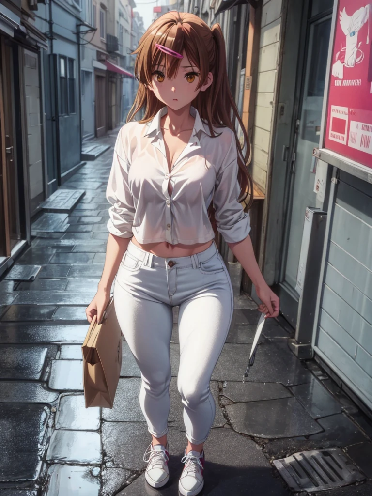 (((Top Quality, 8K, Masterpiece: 1.3)), Sharp: 1.2, perfect body beauty: 1.4, mid breasts,, ((((Layered hairstyle, medium breath: 1.2)), very detailed face and skin texture, Detailed eyes, double eyelids, (no panties, Without bra), pubic hair visible, large shirt with buttons, wet clothes, wet skin, areola visible, visible, Clearly see the shape of the pubic area, bend your knees and open your legs, in the back alley