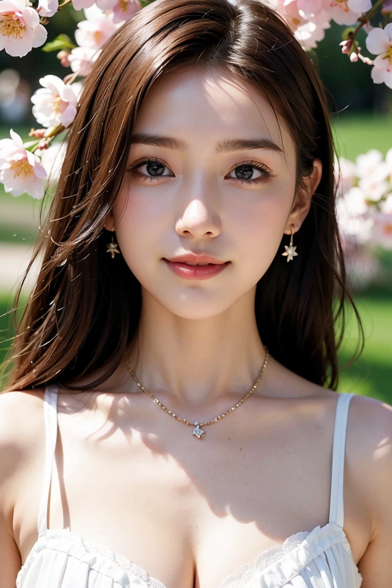Pale face:1.3、Super thin face:1.3, (Very big round eyes:1.5)、 (blown eyes:1.5), master piece、8K, {highest quality}, {{masterpiece}}, {very delicate and beautiful}, outstanding light and shadow, highly detailed wallpaper, clear and bright sunlight, Full body: 1 girl, , blush、茶Farbeのショートボブヘア, strong sunlight, (Girly Style Fashion:1.5), delicate hair, B cup breasts, shiny skin, Realistic human skin texture, visible wrinkles on the skin., broad shoulders,window, ((a strong light shines on your face)), Farbe々take a pose:1.5, necklace、ring、earrings、Toothless smile:1,5, A park with cherry blossoms in full bloom