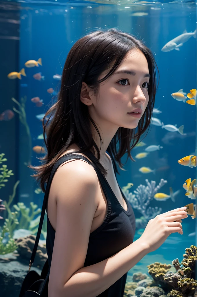a woman in front of an aquarium