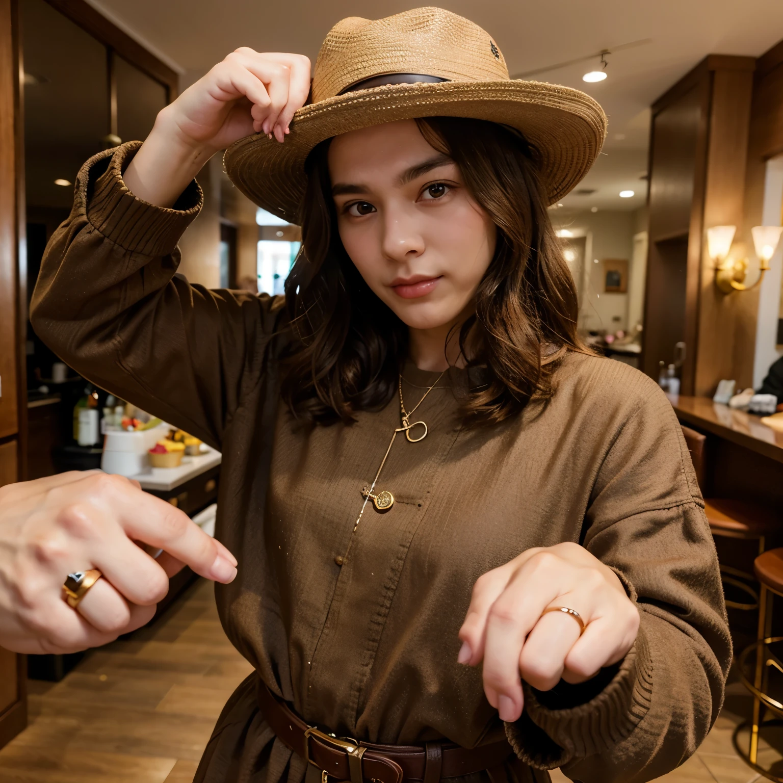 gender：Male Age：20s Accessories：Brown hat、Gold ring hairstyle：Perm look：With open arms、Placed close to the face