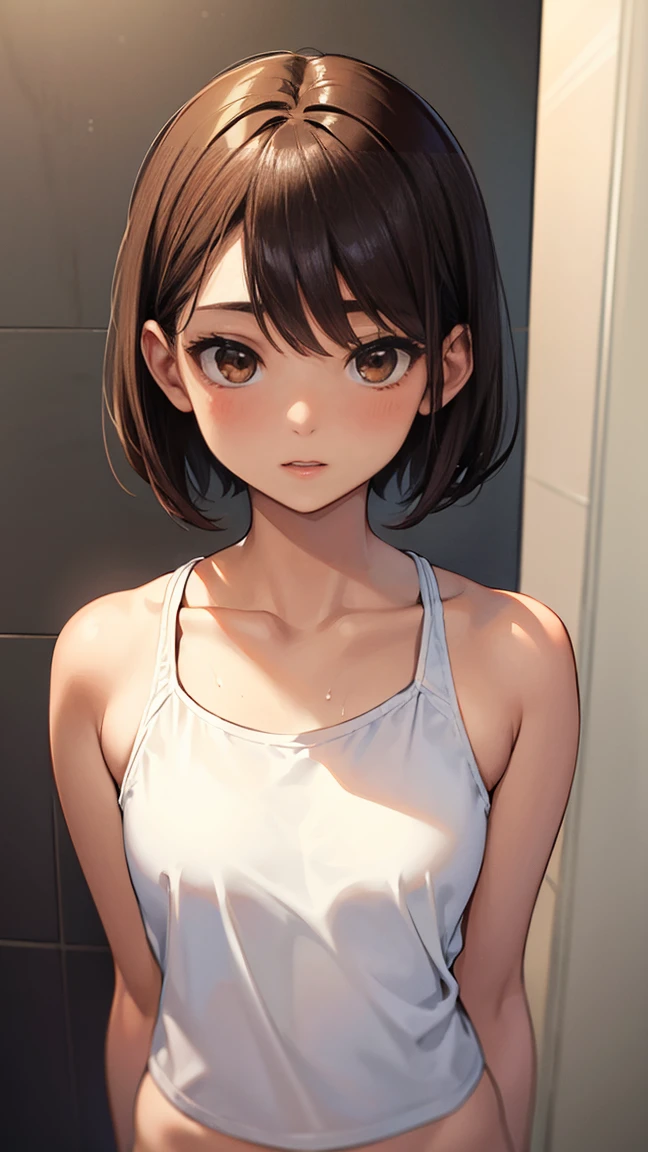(1 female), short bob, 28 years old, Japanese, brown eyes, brown hair, slim, (flat chest),
wearing a white T-shirt over her swimsuit and taking a shower