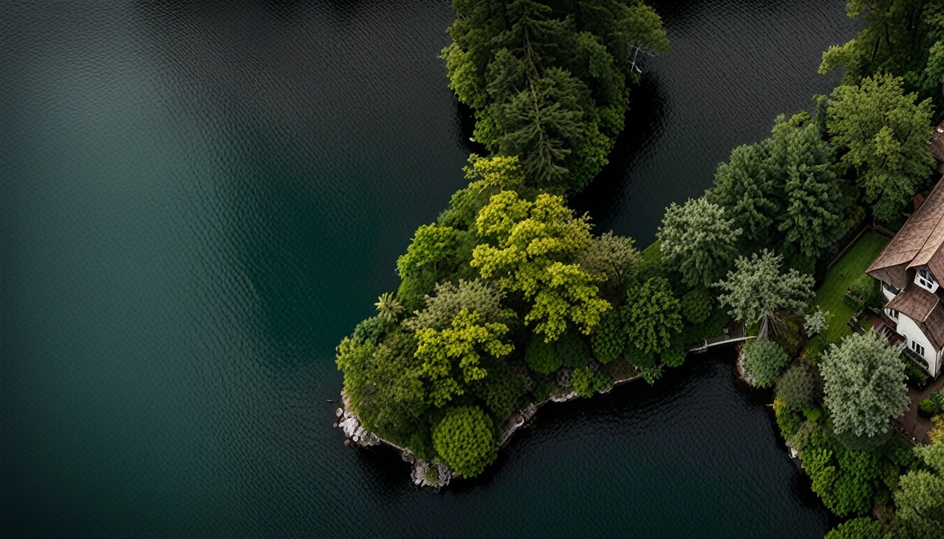 A house near the lake seen from above with a dark and shadowy forest surrounding the house