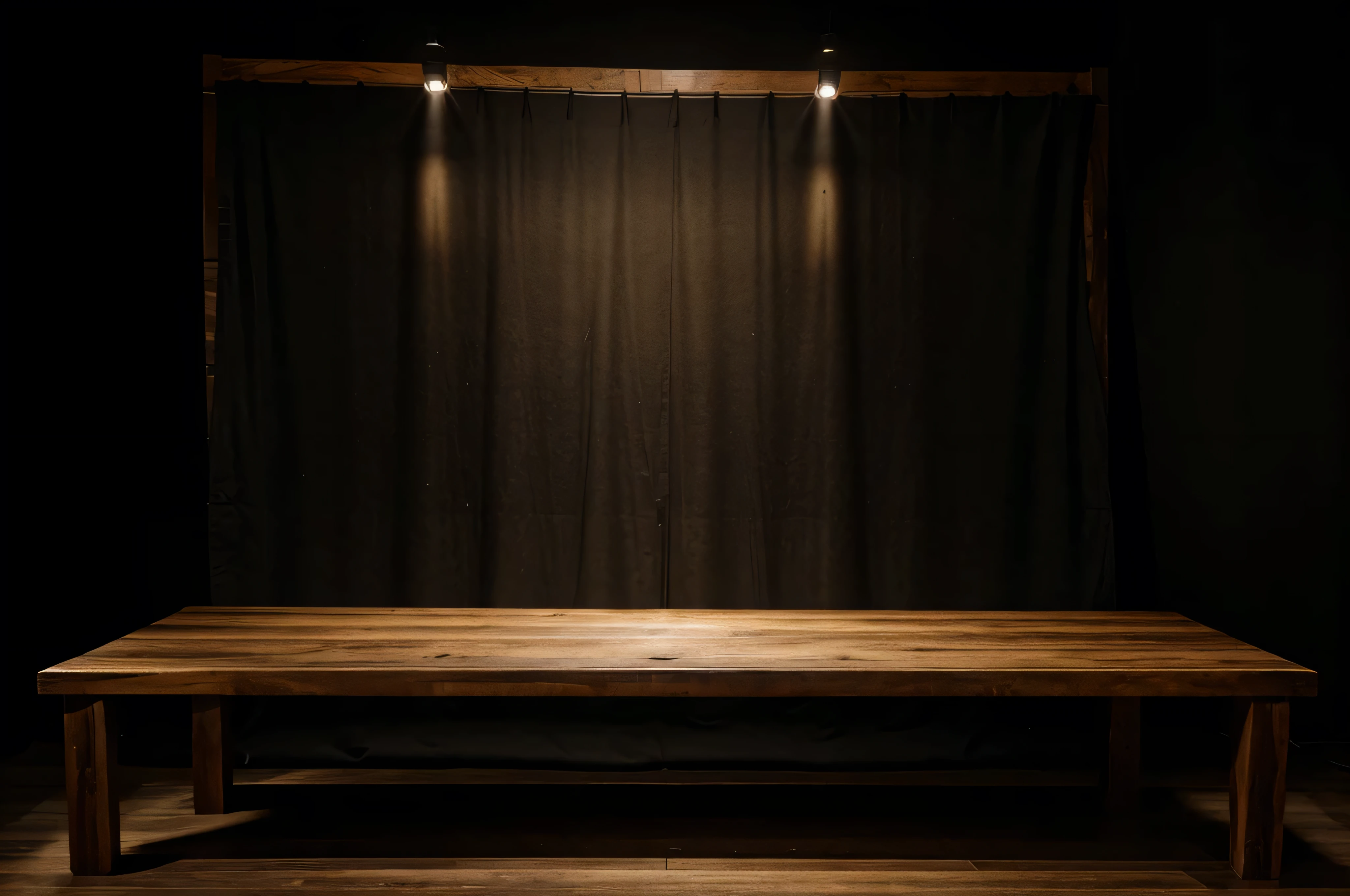 empty wooden on black backdrop with spotlight. Wood table top. can used for display or montage your products