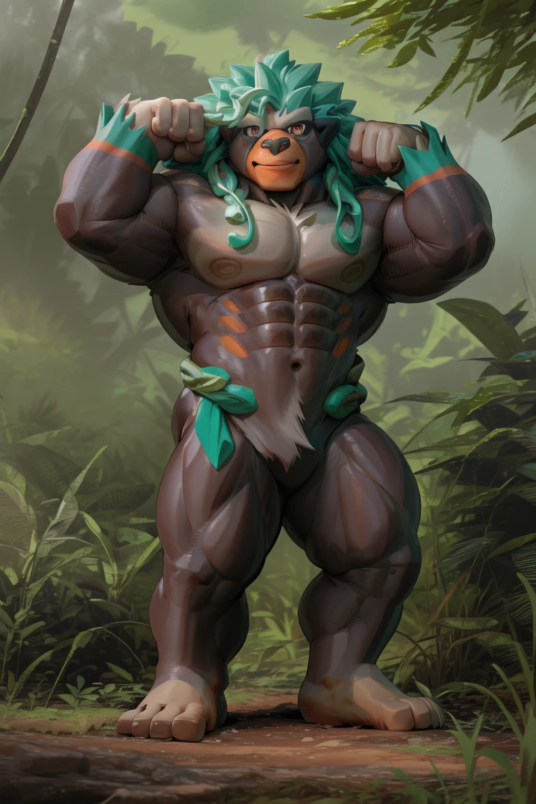 rillaboom, orange eyes, (pose:1.3), (posing:1.3), (soft shading), 4k, hi res, five fingers, detailed hands, ((detailed face, (detailed eyes:1.3), detailed)), (full body),(by takahirosi:1.5), solo, looking at viewer, 1boy, jungle, navel, standing, full body, male focus,((topless,bottomless)), abs, grass, biceps, flexing, smile, orange snout,