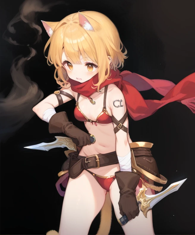 Cute  with short blond hair, cat ears and tail that match her hair color, orange eyes, wearing a red scarf, dressed like a brownish bandit, brown leather gloves on her hands, two daggers in her hands, ready for battle, she is , the picture should be a Japanese anime, and the picture should be close to the reference image, small breasts