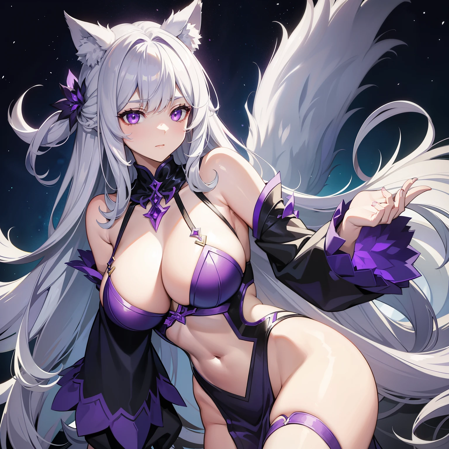 A beast girl with long silver hair down to her waist and purple eyes, with a good figure.、Large breasts、A wolf beastman with ears and a tail.、