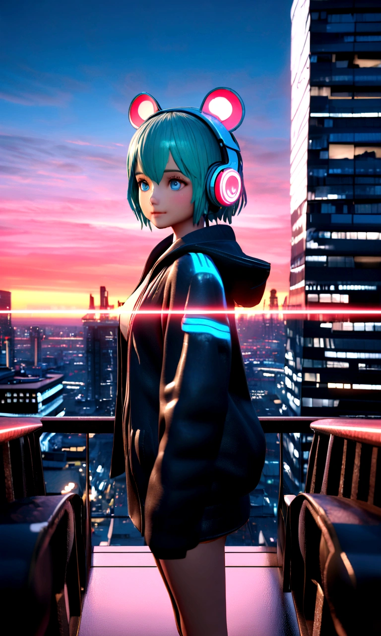 (Front view, Face-to-face audience:1.2), in the center, 3D, 3D model, unreal engine, | digital facial portrait, | 1 girl, alone, aqua hair color, short hairstyle, light blue eyes, | (neon wireless headphones headset:1.2), (black neon futuristic mouse mask:1.2), dark blue hoodie, | futuristic city lights, sunset, building,  scenery, neon lightke, Depth of the bounds written,