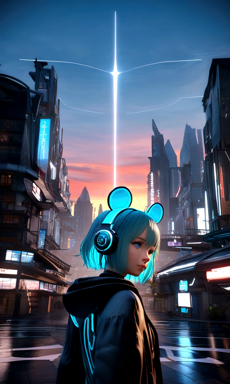 (Front view, Face-to-face audience:1.2), in the center, 3D, 3D model, unreal engine, | digital facial portrait, | 1 girl, alone, aqua hair color, short hairstyle, light blue eyes, | (neon wireless headphones headset:1.2), (black neon futuristic mouse mask:1.2), dark blue hoodie, | futuristic city lights, sunset, building,  scenery, neon lightke, Depth of the bounds written,