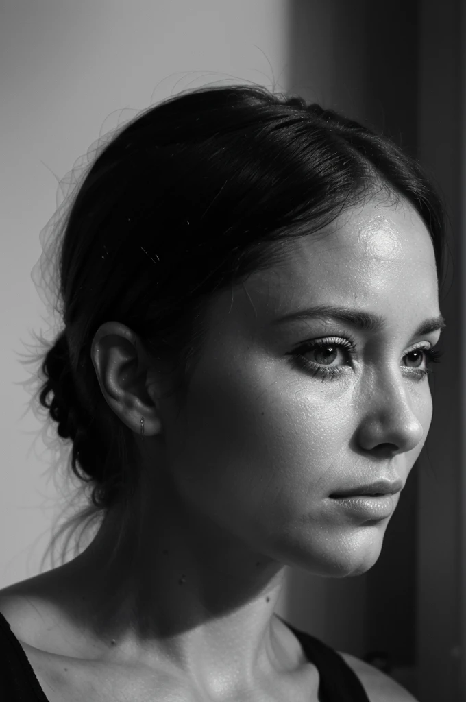 close up of beautiful 35 year old woman's face, sad, side view, narrow face, black and white, solid background