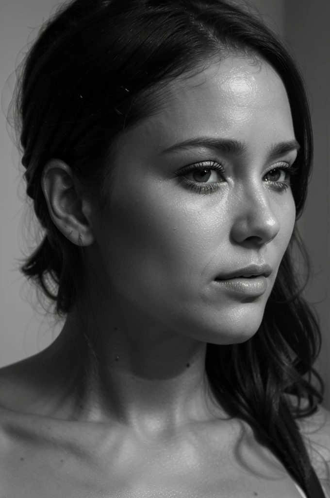 close up of beautiful 35 year old woman's face, sad, side view, narrow face, black and white, solid background