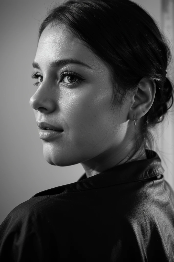 close up of beautiful 35 year old woman's face, sad, side view, narrow face, black and white, solid background