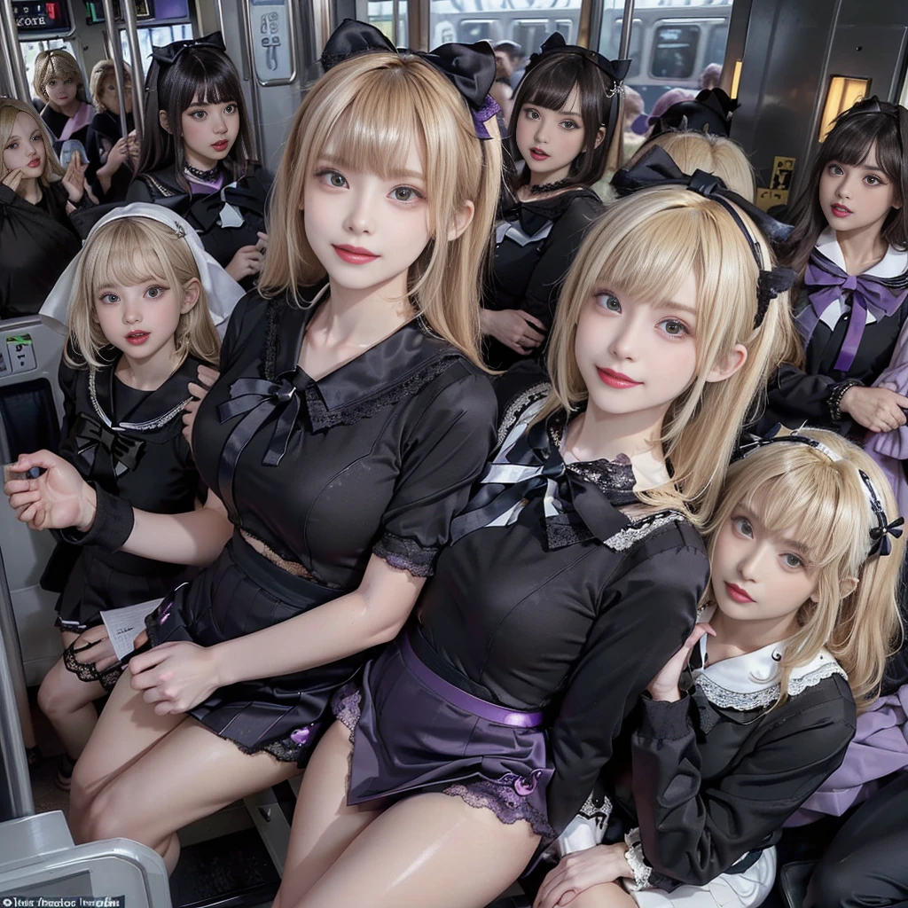 8K resolution, surreal, Super detailed, high quality, perfect anatomy, perfect proportion, masterpiece,
((((((A group photo in crowded train at night, 6 girls, group photo)))))),
(((((purple, black face mask, jirai fashion, sailor collar, sailor uniform, Lace, mini skirt, bow ribbon))))),
((((happy, grin, detailed face)))),
((((blond hair, bleached hair)))), (((impossible breasts))),
(((shiny oiled skin, detailed skin))),
(((tight clothes, thigh, bare legs))), looking at viewer