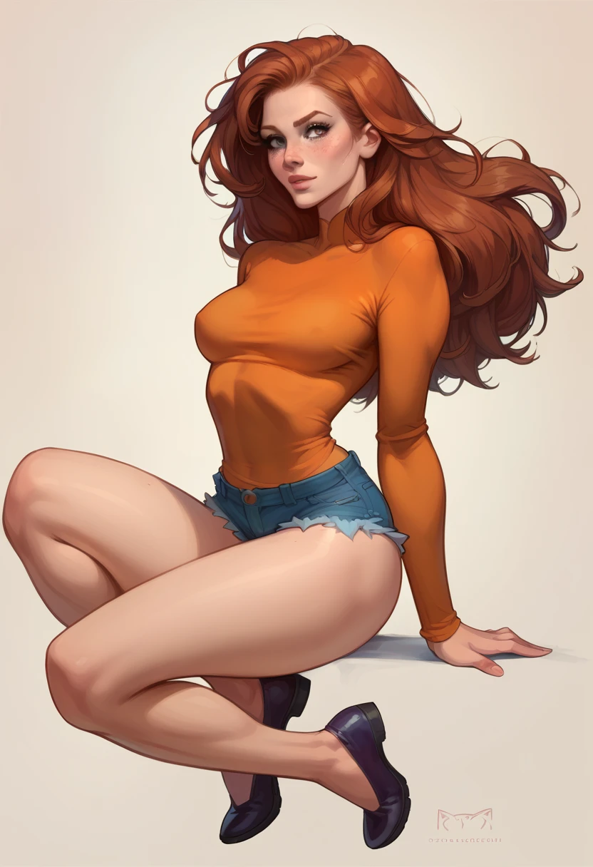 beautiful woman, (Barbara Gordon:1.2), with messy windblown auburn hair, hazel eyes, freckles, thighs, wide hips, (thin lips:1.1), tiny denim cutoffs, k3d5 shoes, simple background