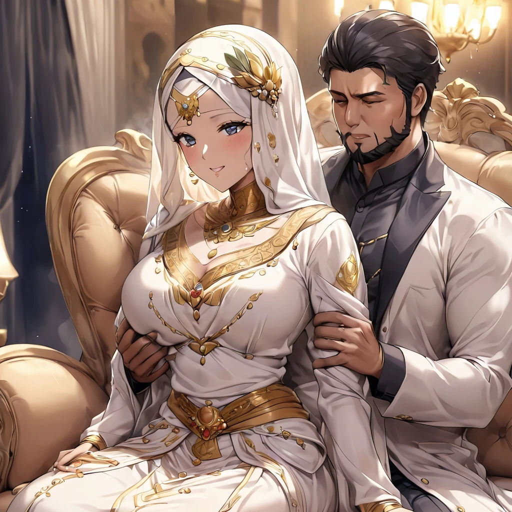 ((Highest quality)), ((masterpiece)), (detailed), (Perfect Face)、The woman is being d in the arms of a beautiful, grown-up Arab girl who resembles her.、Mother and daughter、The woman is Tsukino Usagi, an Arab Muslim with vivid brown skin, and is wearing a gorgeous, glittering Arab national costume with gold embroidery, a gorgeous hijab, a gorgeous hair ornament, gorgeous jeweled accessories, and an engagement ring in a luxurious Islamic mansion. The woman and the man are sitting on a luxurious, large sofa in the luxurious room, and the woman is being heln the arms of a dignified, bearded, middle-aged Arab Muslim man wearing Arab national costume.、The woman is the elegant Tsukino Usagi, with long blonde hair in a chignon twin tail, wearing Arab national dress and a gorgeous hijab. She is a Muslim Arab with vivid brown skin.、(The woman is a brown-skinned Arab named Tsukino Usagi.)、The man is a Muslim, dignified, strong-looking, bearded, middle-aged Arab man wearing traditional Arab clothing.