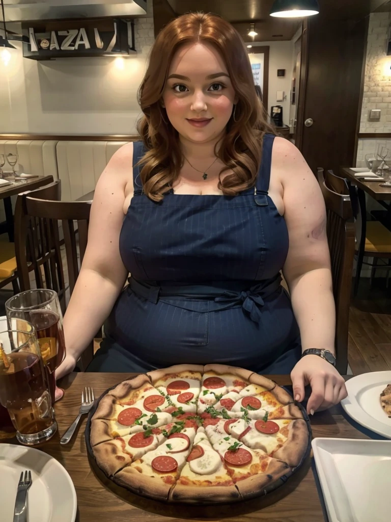 A Pov you are on a date, Pov happy and detailed photo of a cute ginger freckled SSBBW, with long wavy ginger hair, with big soft fat belly, small saggy breasts in a cute orange dress, sitting at a small table in a beautiful authentic italian restaurant at night, there is one giant family-sized pizza ahead of her, she is sitting on a chair behind a small table and huge pizza