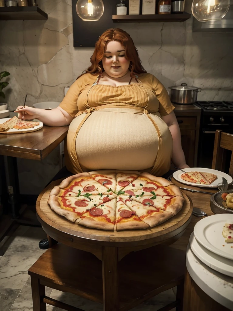 A Pov you are on a date, Pov happy and detailed photo of a cute ginger freckled SSBBW, with long wavy ginger hair, with big soft fat belly, small saggy breasts in a cute orange dress, sitting at a small table in a beautiful authentic italian restaurant at night, there is one giant family-sized pizza ahead of her, she is sitting on a chair behind a small table and huge pizza