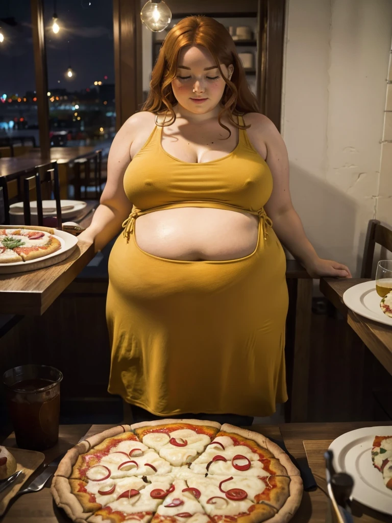 A Pov you are on a date, Pov happy and detailed photo of a cute ginger freckled SSBBW, with long wavy ginger hair, with big soft fat belly, small saggy breasts in a cute orange dress, sitting at a small table in a beautiful authentic italian restaurant at night, there is one giant family-sized pizza ahead of her, she is sitting on a chair behind a small table and huge pizza