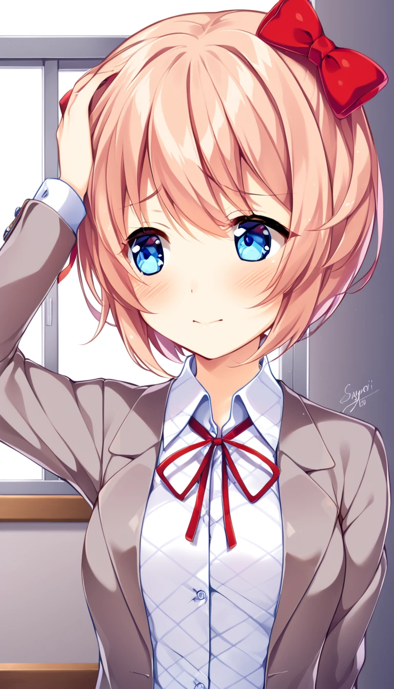 one girl, lovely, blazer, Sayori, my childhood friend, cute, short hair, blush, light blue eyes, hair bow, I stroke her head