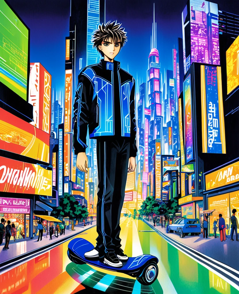 "Create an anime-style artwork featuring a young boy in a futuristic cityscape. He has short, spiky hair, wearing a sleek, high-tech jacket with glowing circuits. He's standing on a hoverboard, zooming through the neon-lit streets filled with towering skyscrapers, holographic billboards, and flying cars. The boy's eyes should be detailed and high-quality, reflecting the vibrant city lights and showcasing intricate patterns, giving a sense of depth and emotion. The city is vibrant with colors like electric blue, neon pink, and green, reflecting the advanced technology all around."