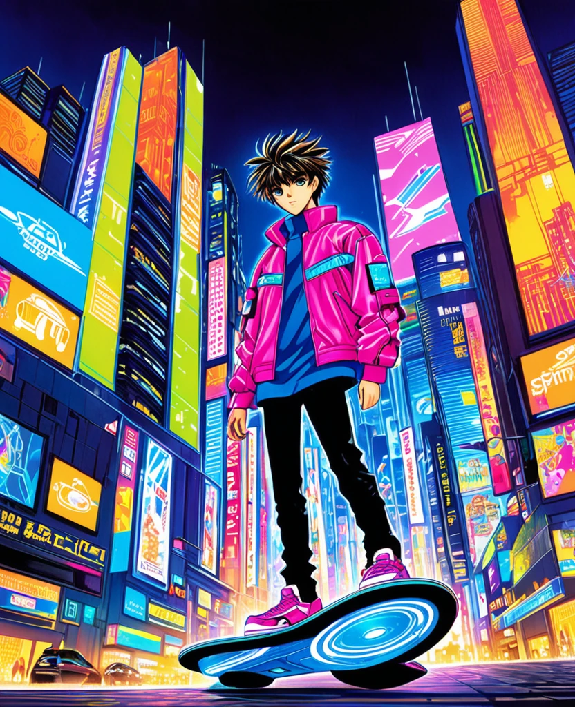 "Create an anime-style artwork featuring a young boy in a futuristic cityscape. He has short, spiky hair, wearing a sleek, high-tech jacket with glowing circuits. He's standing on a hoverboard, zooming through the neon-lit streets filled with towering skyscrapers, holographic billboards, and flying cars. The boy's eyes should be detailed and high-quality, reflecting the vibrant city lights and showcasing intricate patterns, giving a sense of depth and emotion. The city is vibrant with colors like electric blue, neon pink, and green, reflecting the advanced technology all around."