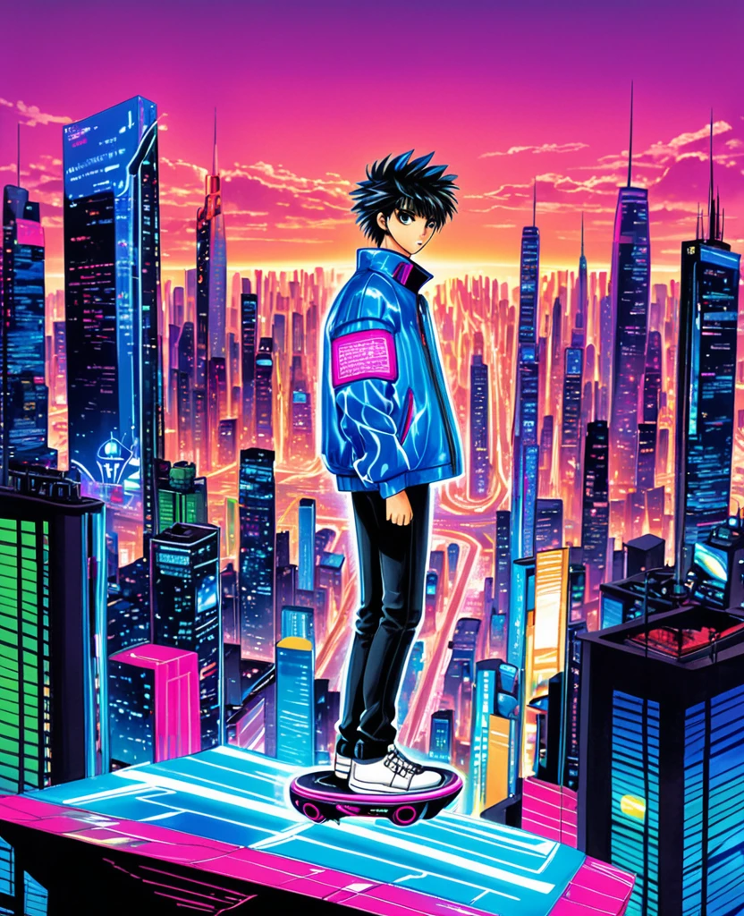 "Create an anime-style artwork featuring a young boy in a futuristic cityscape. He has short, spiky hair, wearing a sleek, high-tech jacket with glowing circuits. He's standing on a hoverboard, zooming through the neon-lit streets filled with towering skyscrapers, holographic billboards, and flying cars. The boy's eyes should be detailed and high-quality, reflecting the vibrant city lights and showcasing intricate patterns, giving a sense of depth and emotion. The city is vibrant with colors like electric blue, neon pink, and green, reflecting the advanced technology all around."