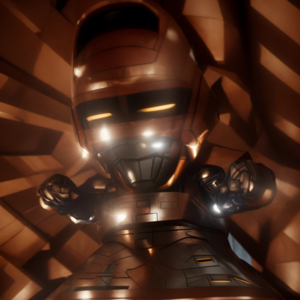 Cinematic film still Small deformation of JaspionQuiron in a rusty shipyard, haunting silence, action hero pose, shiny armor, . Shallow depth of field, vignettes, highly detailed, high budget Hollywood movies, blur, cinemascope, mood, epic, gorgeous, film grain, grainy.