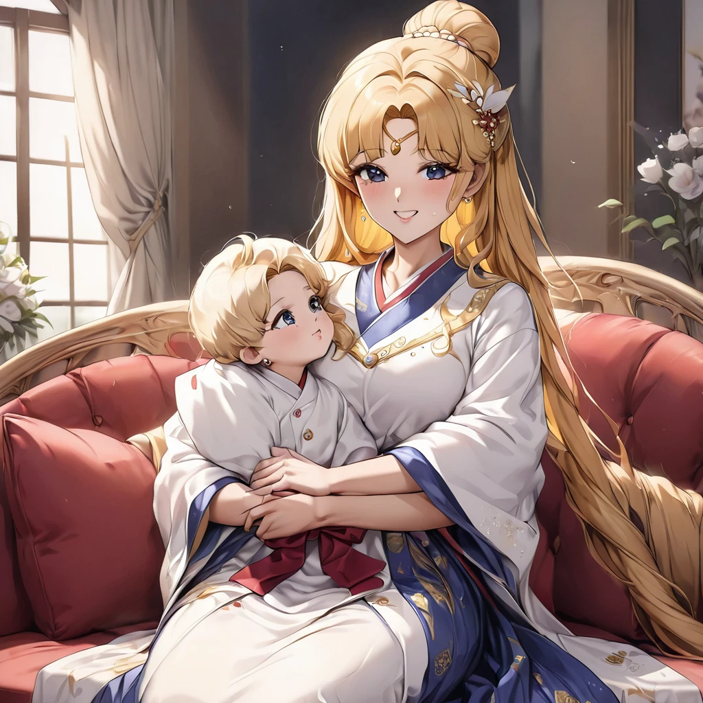 ((Highest quality)), ((masterpiece)), (detailed), (Perfect Face)、The woman is being held by her beautiful, -up Korean daughter who resembles her.、Mother and daughter、The woman is Korean Tsukino Usagi, and is wearing a gorgeous and dazzling traditional Korean dress called a hanbok (traditional Korean dress), a gorgeous hair ornament, gorgeous jeweled accessories, and an engagement ring in a luxurious Korean mansion. The man and woman are sitting on a large, luxurious sofa in the luxurious room, and the woman is being held in the arms of a dignified and sturdy middle-aged Korean man wearing hanbok.、The woman is the elegant Tsukino Usagi, a Korean woman with long blonde hair in a chignon twin tail, wearing the traditional Korean dress, Chima Chogori.、The man is a dignified, sturdy middle-aged Korean man wearing the traditional Korean dress, Hanbok.