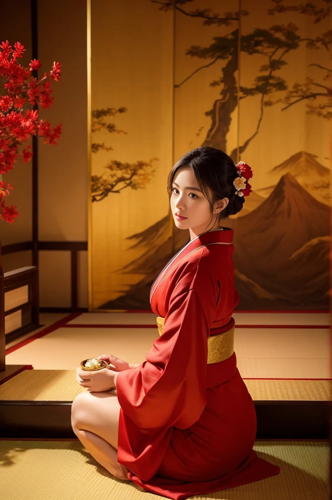 masterpiece, Highest quality、Red kimono、Cinematic atmosphere、Professional composition、Natural Body、fantasy,(sitting in front of a golden screen)、flower arrangement、tatami、looking at the camera、real、nature