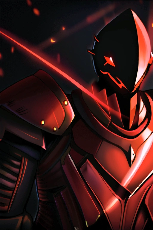 Templar knight with plate armor, black background in the dead of night aggressive red lights 