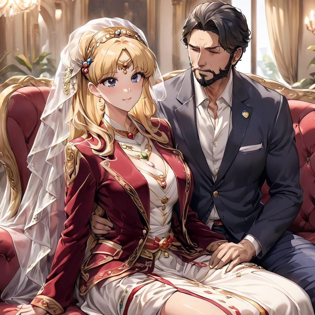((Highest quality)), ((masterpiece)), (detailed), (Perfect Face)、The woman is being held in the arms of her beautiful, grown-up Italian daughter who resembles her.、Mother and daughter、The woman is an Italian named Tsukino Usagi, and is wearing the gorgeous and glittering Italian traditional Sardinian costume in a luxurious Italian mansion, a lavishly decorated velvet jacket, a long veil, gorgeous jeweled accessories and an engagement ring. The woman and the man are sitting on a luxurious, large sofa in the luxurious room, and the woman is being held in the arms of a dignified, bearded middle-aged man wearing an Italian traditional costume.、The woman is the elegant Tsukino Usagi, with long blonde hair in a chignon twin tail, wearing a velvet jacket decorated with the Italian national costume of Sardinia, and a long veil.、The man is a dignified, muscular, bearded Italian man dressed in Italian national dress.