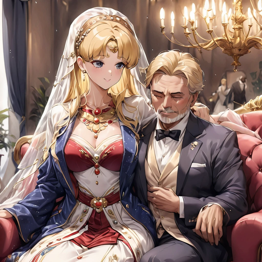 ((Highest quality)), ((masterpiece)), (detailed), （Perfect Face）、The woman is being held in the arms of her beautiful, grown-up Italian daughter who resembles her.、Mother and daughter、The woman is an Italian named Tsukino Usagi, and is wearing the gorgeous and glittering Italian traditional Sardinian costume in a luxurious Italian mansion, a lavishly decorated velvet jacket, a long veil, gorgeous jeweled accessories and an engagement ring. The woman and the man are sitting on a luxurious, large sofa in the luxurious room, and the woman is being held in the arms of a dignified, bearded middle-aged man wearing an Italian traditional costume.、The woman is the elegant Tsukino Usagi, with long blonde hair in a chignon twin tail, wearing a velvet jacket decorated with the Italian national costume of Sardinia, and a long veil.、The man is a dignified, muscular, bearded Italian man dressed in Italian national dress.