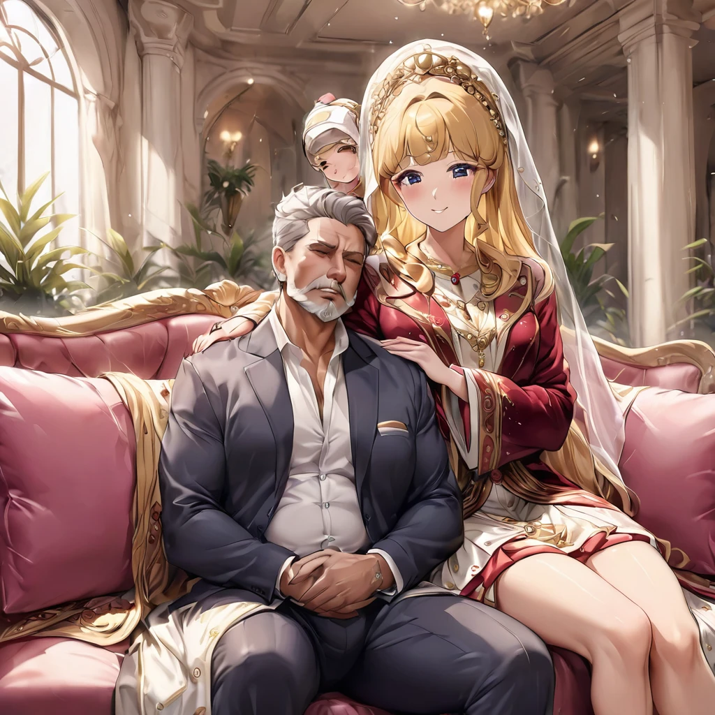 ((Highest quality)), ((masterpiece)), (detailed), (Perfect Face)、The woman is being held in the arms of her beautiful, grown-up Italian daughter who resembles her.、Mother and daughter、The woman is an Italian named Tsukino Usagi, and is wearing the gorgeous and glittering Italian traditional Sardinian costume in a luxurious Italian mansion, a lavishly decorated velvet jacket, a long veil, gorgeous jeweled accessories and an engagement ring. The woman and the man are sitting on a luxurious, large sofa in the luxurious room, and the woman is being held in the arms of a dignified, bearded middle-aged man wearing an Italian traditional costume.、The woman is the elegant Tsukino Usagi, with long blonde hair in a chignon twin tail, wearing a velvet jacket decorated with the Italian national costume of Sardinia, and a long veil.、The man is a dignified, muscular, bearded Italian man dressed in Italian national dress.