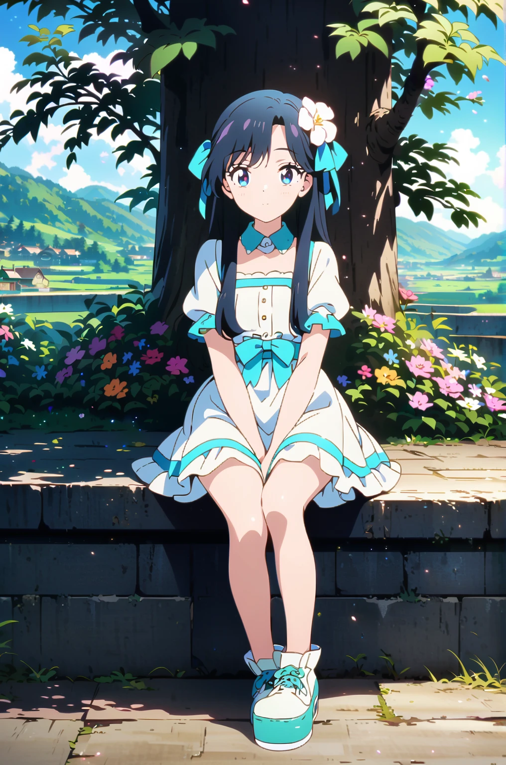 (high resolution),(Ultra-detailed illustrations:1.2),Anime girl sitting on a wall with flowers in her hair, Cute girl anime visuals, In a dress, Beautiful Anime girl, Young Anime Girl, Cute anime waifu in a nice dress, Beautiful Anime, Anime Moe Art Style, Cute Anime Girl, High quality anime art style, Beautiful Anime art style, Beautiful Anime style, Beautiful Anime portrait, Anime full body illustration