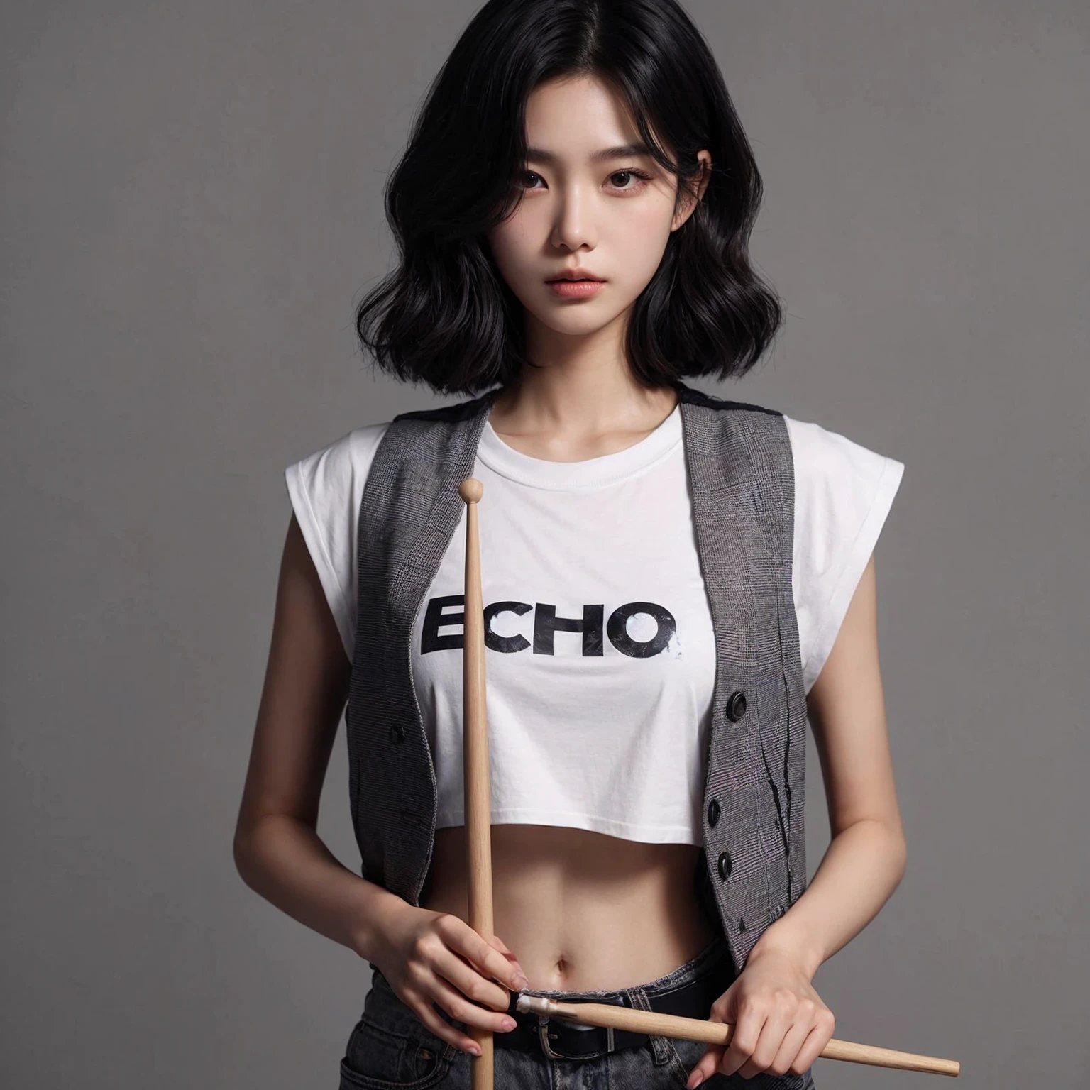 A 20-year-old Korean girl with medium-length black wavy bob hair, medium bust size, medium arm size, a perfect body, and an athletic build. She is wearing a plain white T-shirt with the word "ECHO" on it and a vest. With a serious expression, she looks at the camera while holding drumsticks in her left and right hands. Her arms are straight at her sides. The background is gray.