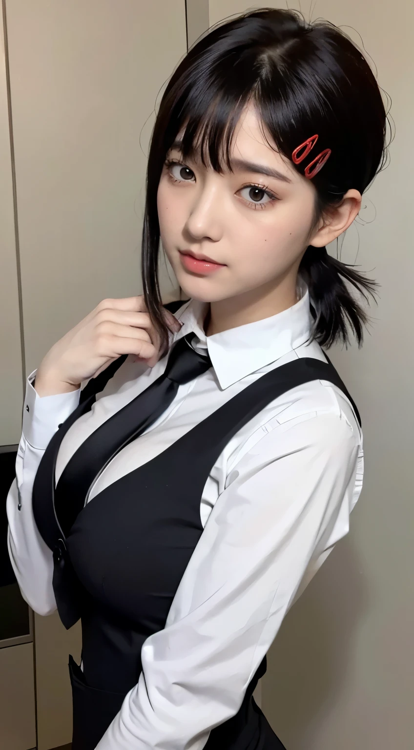 Highest quality、Ultra-high resolution、Professional Lighting、Detailed Background、workroom、full body,Kobeni-chan、A sloppy smile、25-year-old woman、beautiful girl、(Kobeni-chan、Jet black hair, Black Hair, bangs, One-sided hair,)、(Red Hair Clip:1.1)、(White shirt:1.2)+(Black tie:1.2)+(black long pants for work:1.2)、(Huge breasts that look like they might burst:1.2)、(Big thighs:1.1)、Are standing、Model pose