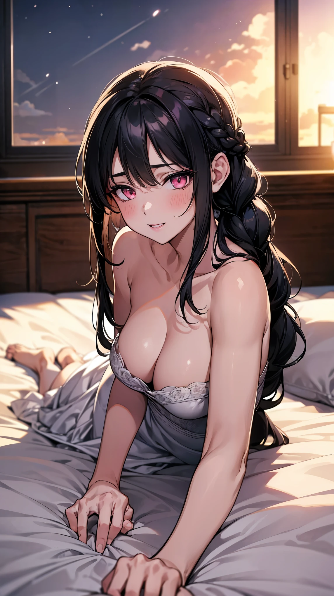 (best quality, Masterpiece), 1 girl, The sun shines, In the building, black hair, Beautiful long hair, braid, pink eyes, cute, Bright face, Good mood, beautiful breasts, Beautiful date dress, shy, 1 woman, young girl, (Goosebumps:0.7), Beautiful face, (shyไลเนอร์, lipstick:0.9), ass pov, nighttime, (lying on bed:1.5), (missionary:1.2), bed, (naked:0.7), 4K, 8K, UHD, HDR, detailed background, พื้นหลังbedนอน