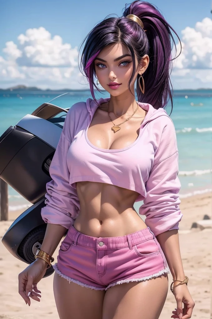 beautiful, 18 year old girl, slim body, (black hair [purple highlights]), blue eyes, pink lipstick, mascara, blush, beautiful eyebrows, white crop top hoodie, soft skin, gold necklace, ponytail, short shorts, smirk, on the beach, (full body shot), looking back at the viewer