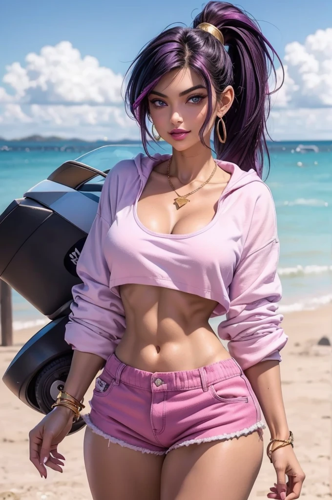 beautiful, 18 year old girl, slim body, (black hair [purple highlights]), blue eyes, pink lipstick, mascara, blush, beautiful eyebrows, white crop top hoodie, soft skin, gold necklace, ponytail, short shorts, smirk, on the beach, (full body shot), looking back at the viewer