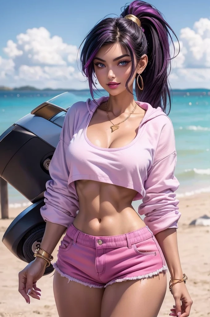 beautiful, 18 year old girl, slim body, (black hair [purple highlights]), blue eyes, pink lipstick, mascara, blush, beautiful eyebrows, white crop top hoodie, soft skin, gold necklace, ponytail, short shorts, smirk, on the beach, (full body shot), looking back at the viewer