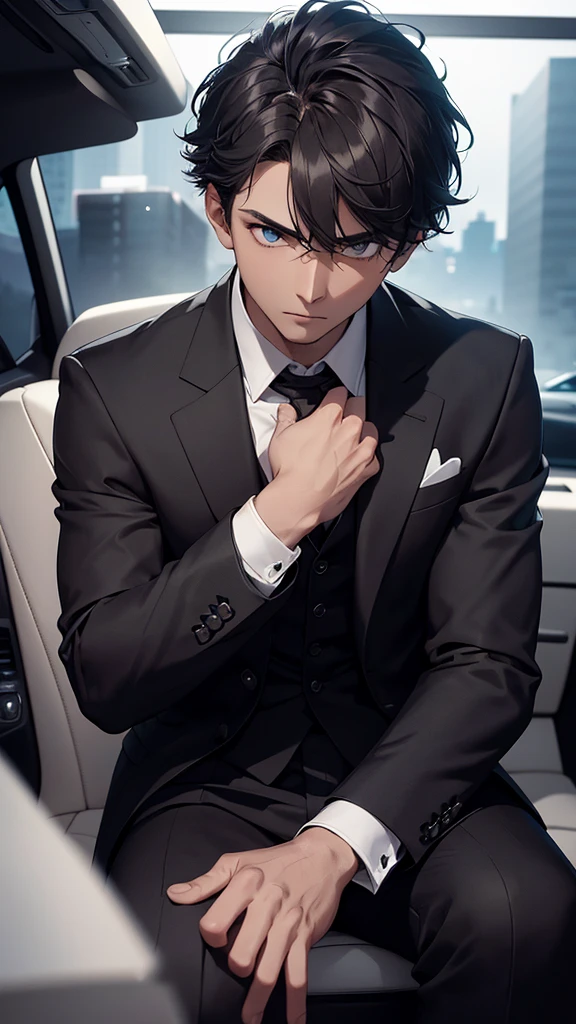 An absurd solution, High resolution, (masterpiece: 1.4), Hyper Detail, One boy, Face Focus, night, Mature Men, Successful people, Black suit, Jacket, White shirt, Serious and cold expression, Sitting in a luxury car (1.3)