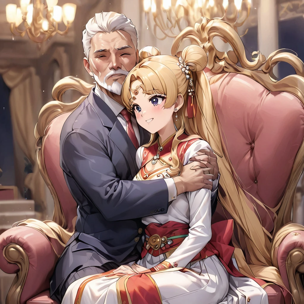 ((Highest quality)), ((masterpiece)), (detailed), (Perfect Face)、The woman is being held in the arms of a beautiful, grown-up Mongolian girl who resembles her.、Mother and daughter、The woman is Mongolian Tsukino Usagi, wearing a gorgeous and colorful Mongolian national dress called Dale in a Mongolian mansion, with gorgeous jeweled accessories and an engagement ring. The woman and the man are sitting on a luxurious, large sofa in the luxurious room, and the woman is being held in the arms of a dignified, bearded, middle-aged Mongolian man wearing a Mongolian national dress.、The woman is the elegant Tsukino Usagi, with her long blonde hair in a chignon twin tail, and wearing the colorful Mongolian national costume, the Mongolian Tsukino Usagi.、The man is a dignified, sturdy, bearded Mongolian man wearing Mongolian national dress.