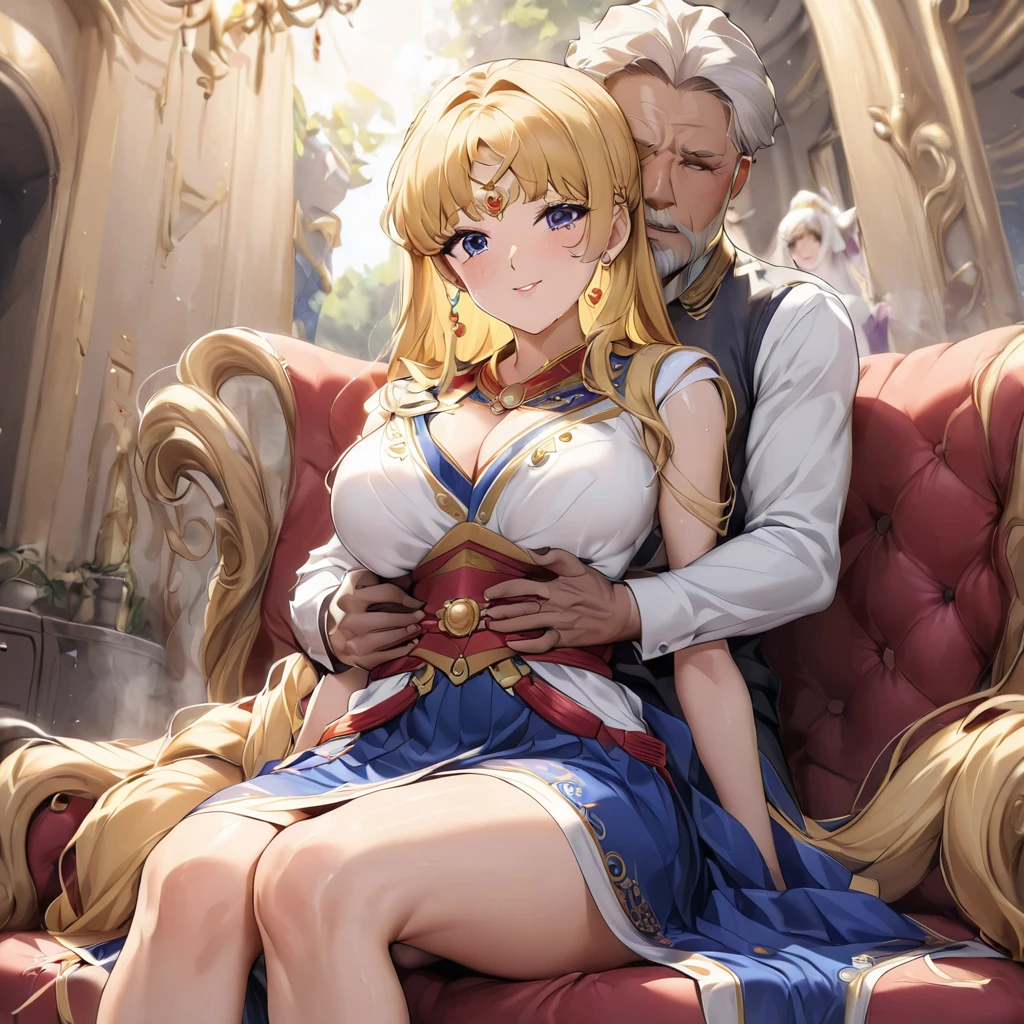 ((Highest quality)), ((masterpiece)), (detailed), (Perfect Face)、The woman is being held in the arms of a beautiful, grown-up Mongolian girl who resembles her.、Mother and daughter、The woman is Mongolian Tsukino Usagi, wearing a gorgeous and colorful Mongolian national dress called Dale in a Mongolian mansion, with gorgeous jeweled accessories and an engagement ring. The woman and the man are sitting on a luxurious, large sofa in the luxurious room, and the woman is being held in the arms of a dignified, bearded, middle-aged Mongolian man wearing a Mongolian national dress.、The woman is the elegant Tsukino Usagi, with her long blonde hair in a chignon twin tail, and wearing the colorful Mongolian national costume, the Mongolian Tsukino Usagi.、The man is a dignified, sturdy, bearded Mongolian man wearing Mongolian national dress.