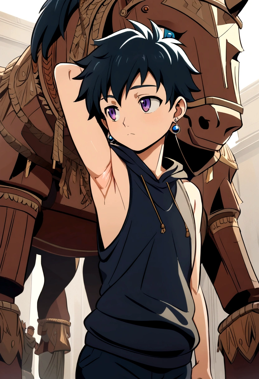 Anime Style, Bondage, Trojan horse, (Little Boy), (Show your armpits:1.3), Sleeveless hoodie, Earrings, (Very small and short), (Very young boy), (Very small and short body)