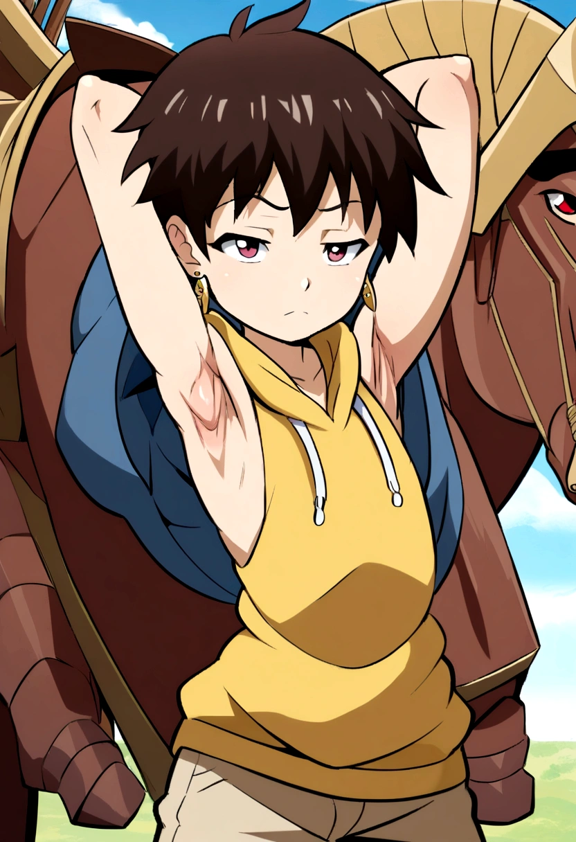 Anime Style, Bondage, Trojan horse, (), (Show your armpits:1.3), Sleeveless hoodie, Earrings, (Very small and short), (Very young boy)ry small and short body)